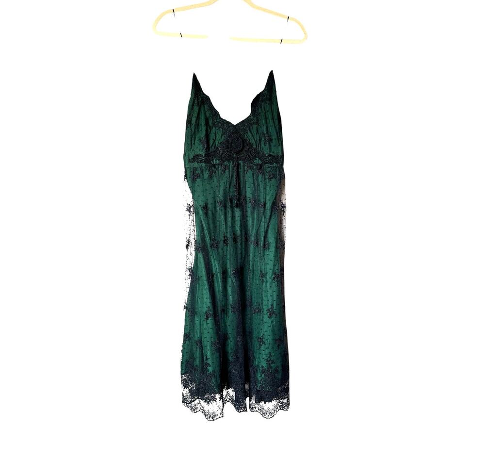 Miguelina Women's Medium Green Black Floral Sexy Sheer Lingerie Lace Slip Dress